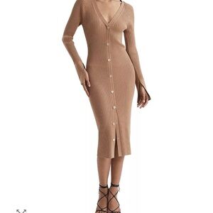 Reiss Avery Ribbed Button-Front Knit Dress in Camel